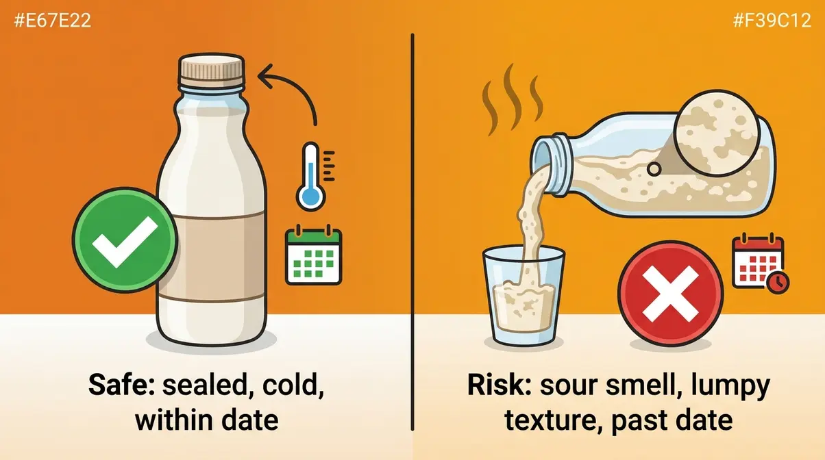 Health risks of spoiled coffee creamer — safe vs. spoiled comparison showing signs of foodborne illness risk