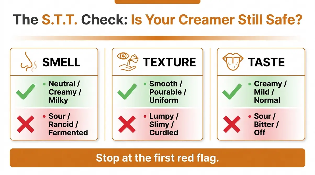 The S.T.T. Check spoilage visual guide for coffee creamer — three panels showing smell, texture, and taste indicators for safe vs. spoiled creamer