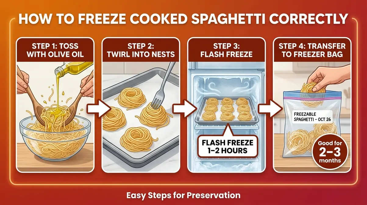 How Long Does Cooked Spaghetti Last In The Fridge? 8 Diagram showing spaghetti nests flash-freezing on a baking sheet before transfer to labeled freezer bags