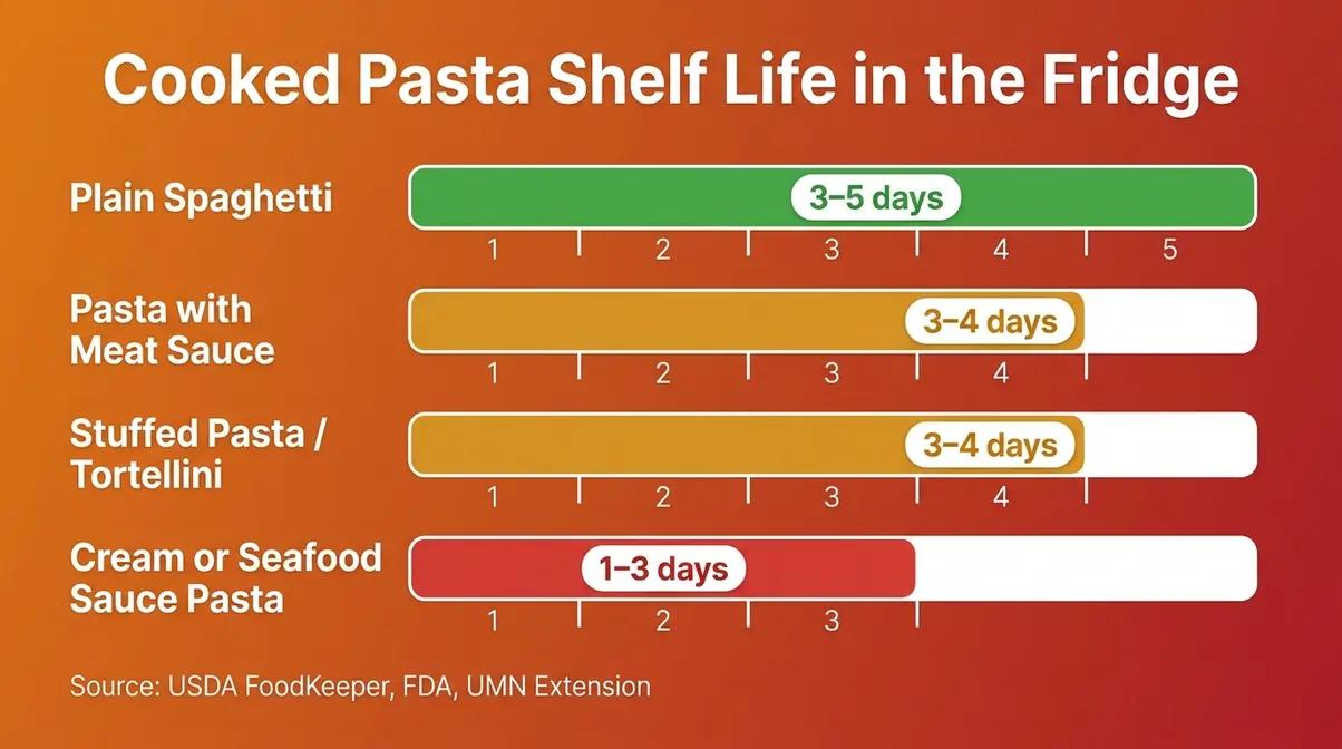 How Long Does Cooked Spaghetti Last In The Fridge? 4 Infographic showing cooked spaghetti fridge storage timelines by pasta type from 1 to 5 days