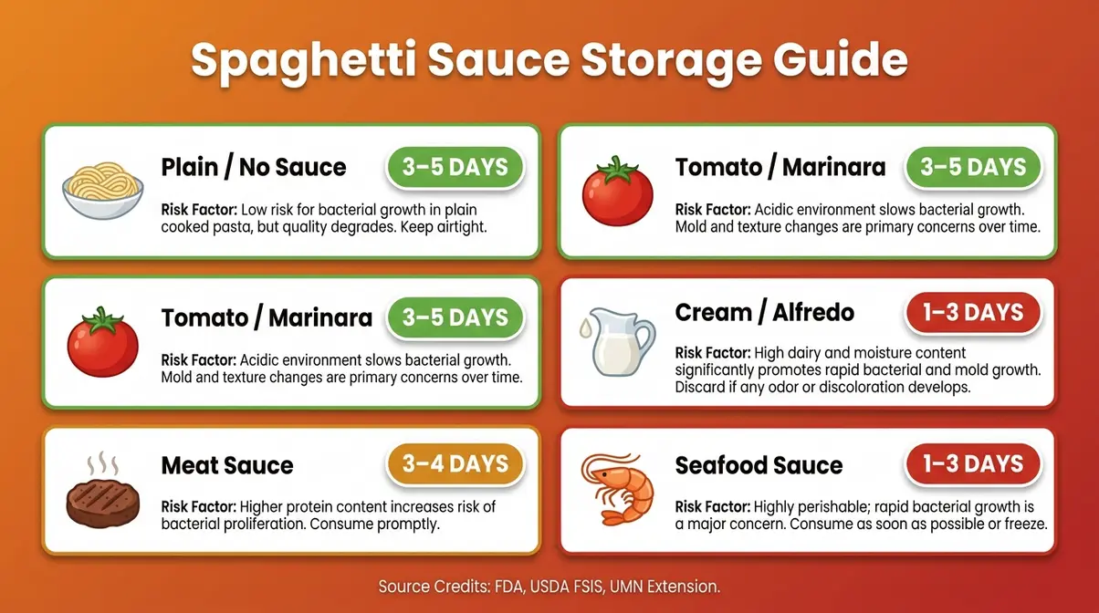 How Long Does Cooked Spaghetti Last In The Fridge? 5 Infographic chart comparing safe fridge storage days for five spaghetti sauce types
