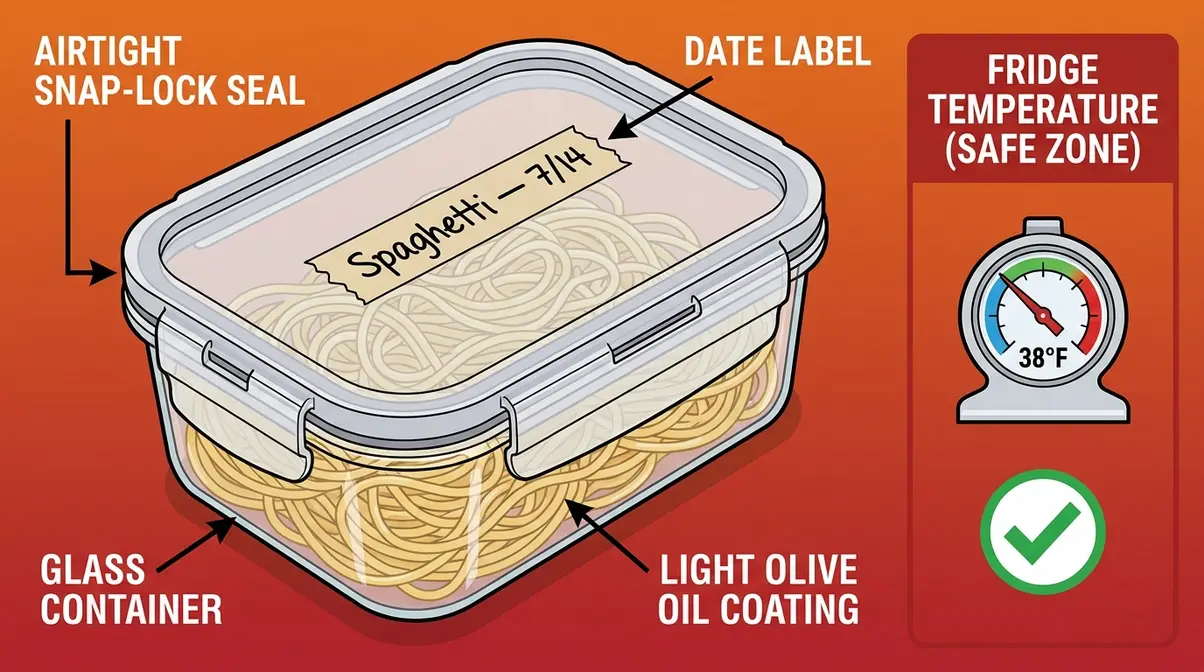 How Long Does Cooked Spaghetti Last In The Fridge? 3 Diagram of airtight glass container with labeled cooked spaghetti stored correctly in the refrigerator