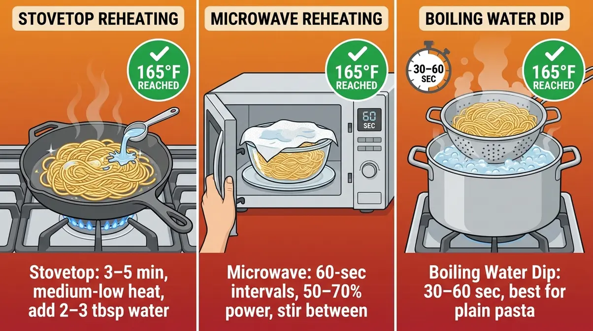 How Long Does Cooked Spaghetti Last In The Fridge? 7 Diagram comparing stovetop, microwave, and boiling water dip methods for reheating leftover spaghetti safely