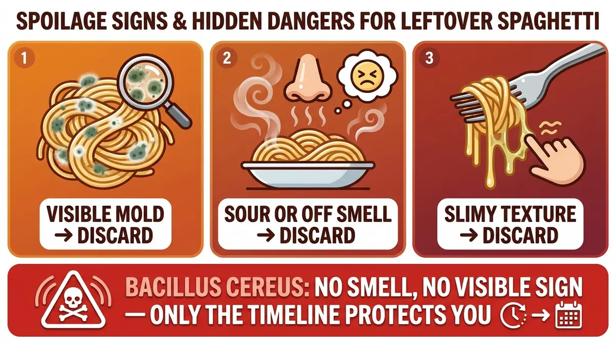 How Long Does Cooked Spaghetti Last In The Fridge? 6 Infographic showing three spoilage signs for leftover spaghetti — mold, sour smell, and slimy texture
