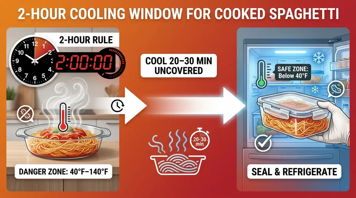 How Long Does Cooked Spaghetti Last In The Fridge? 2 Infographic showing the 2-hour cooling window for safely storing cooked spaghetti in the fridge
