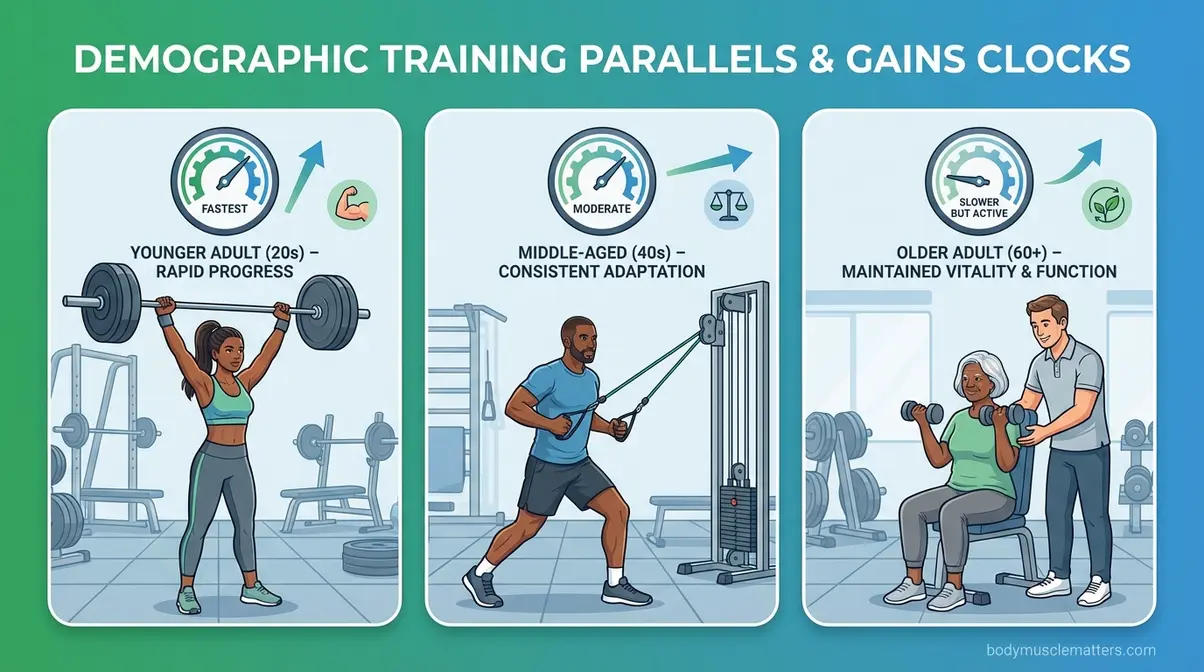 Muscle building timeline affected by age and gender showing different rates for adults at 20, 40, and 60 years old