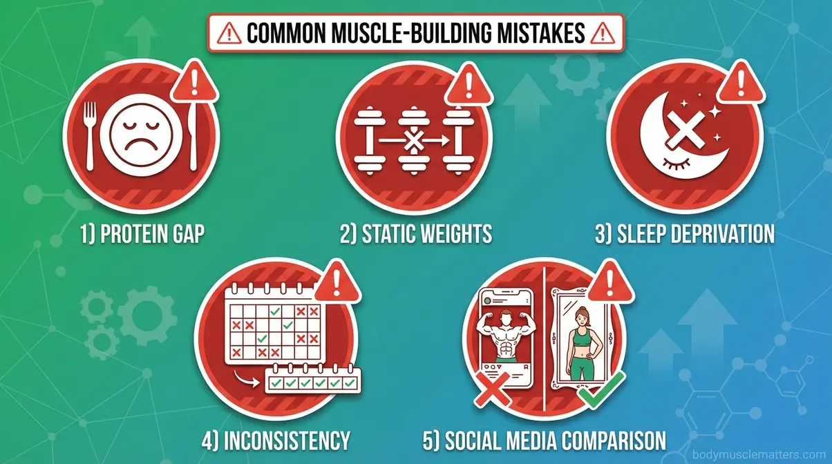 Five common muscle building mistakes that stall progress including low protein, skipping progressive overload, and inconsistency
