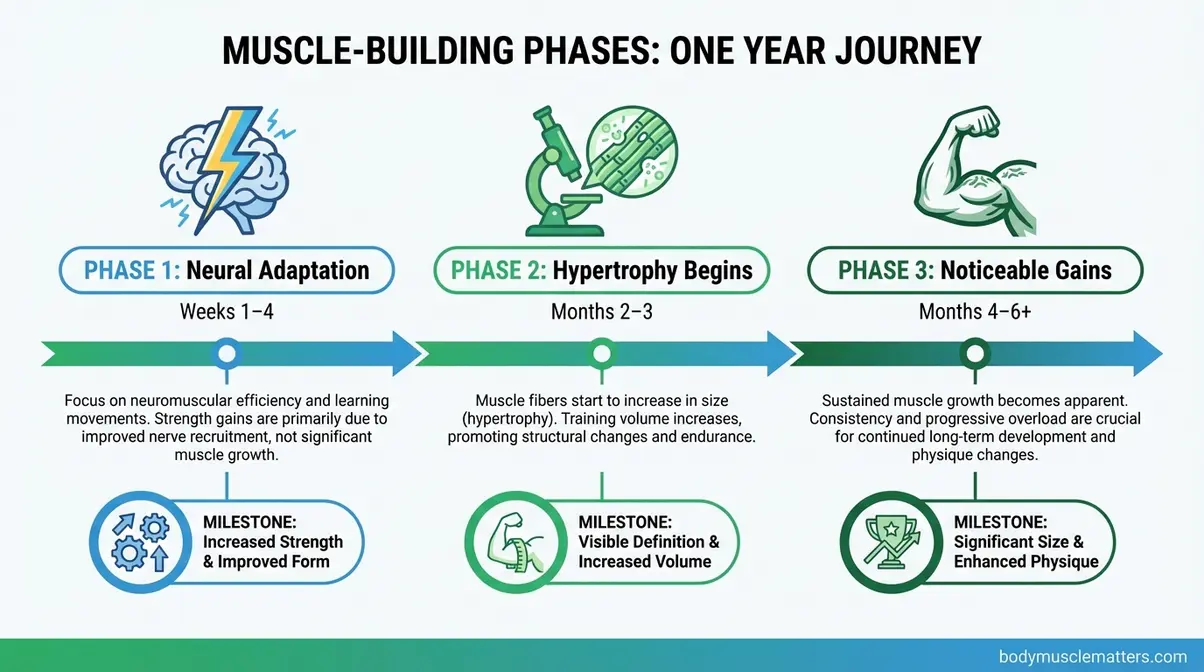 How long it takes to build muscle — neurological phase weeks 1–4, hypertrophy months 2–3, noticeable gains months 4–6 timeline infographic
