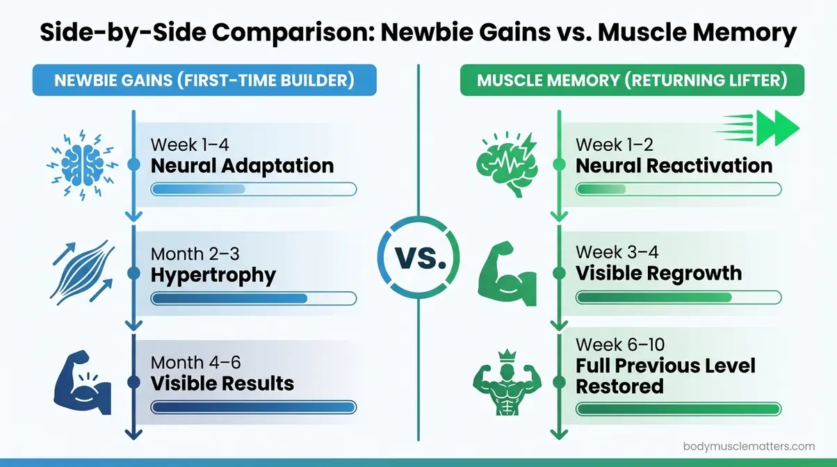 Muscle memory regrowth timeline compared to newbie gains showing faster return for detrained lifters