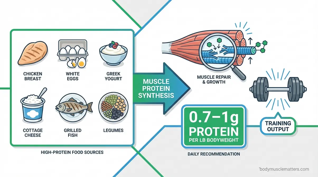 Protein foods and muscle protein synthesis process showing how nutrition fuels muscle building after workouts