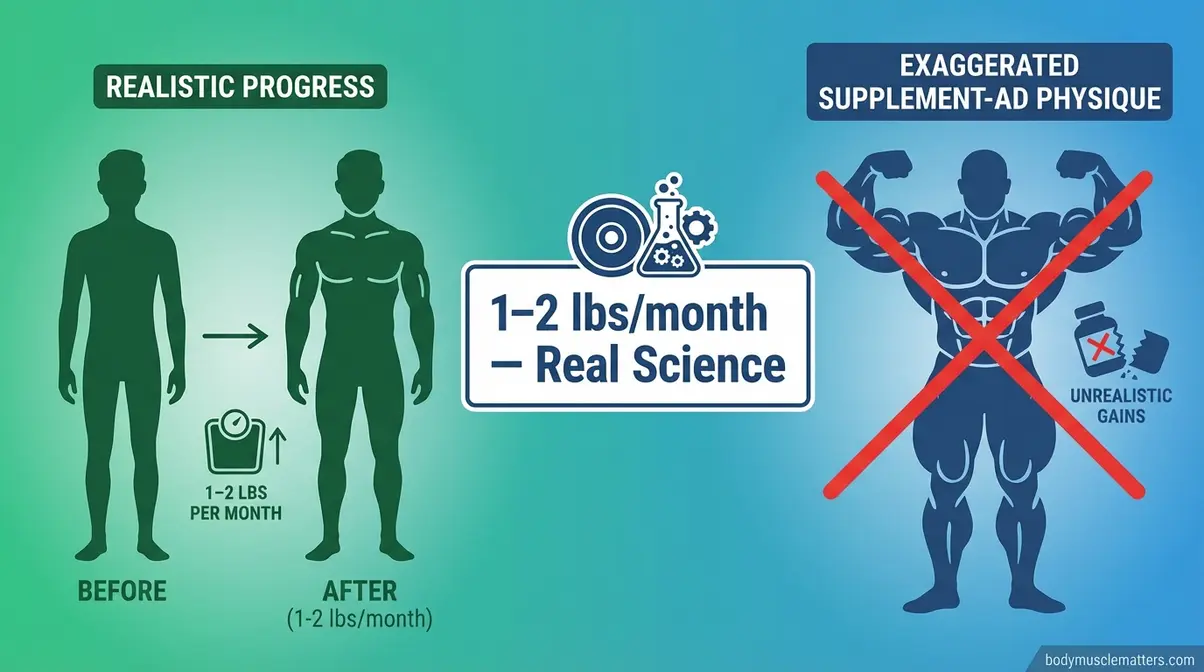 Realistic muscle gain expectations chart showing 1 to 2 pounds per month for beginner lifters