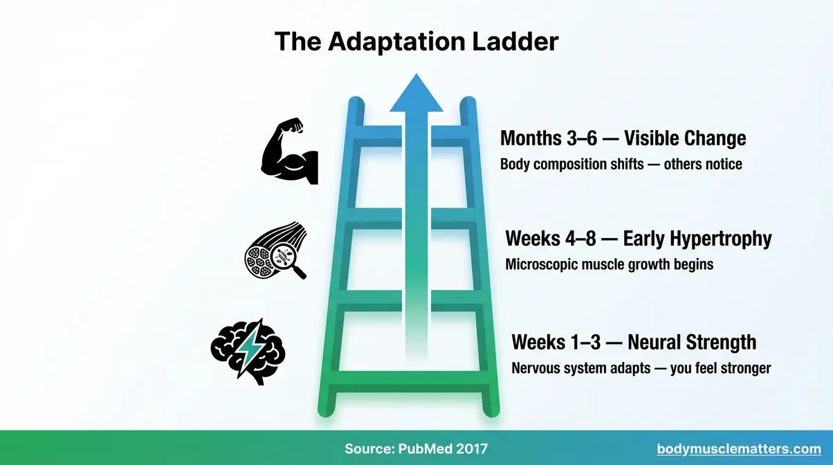 Infographic of the Adaptation Ladder showing three muscle growth phases — neural adaptation, hypertrophy, and visible change