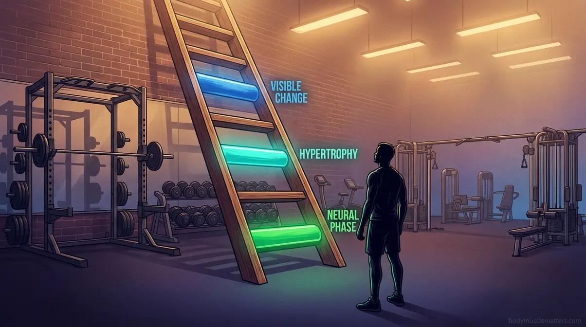 Illustration of the Adaptation Ladder showing the three muscle growth phases from neural adaptation to visible change