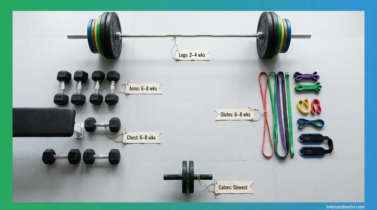 Overhead flatlay of gym equipment organized by muscle group with timeline labels showing fastest to slowest growing muscles