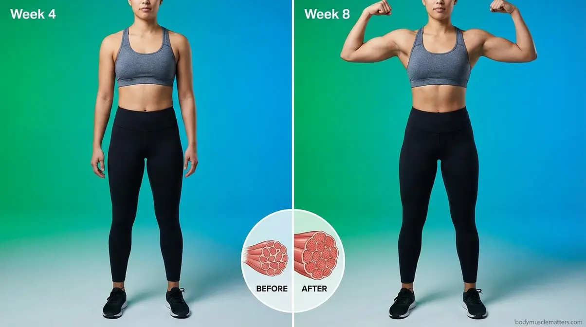 Split-panel image showing early muscle hypertrophy progress between weeks four and eight of resistance training
