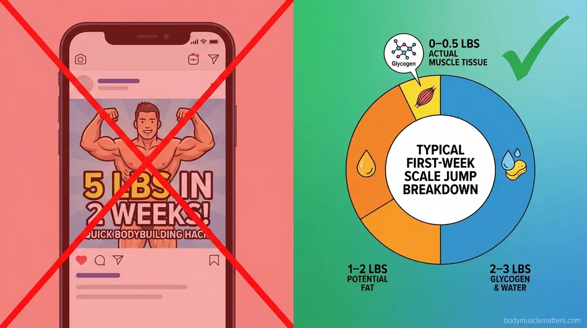 Illustration debunking the 5 pounds of muscle in 2 weeks myth showing glycogen and water weight breakdown