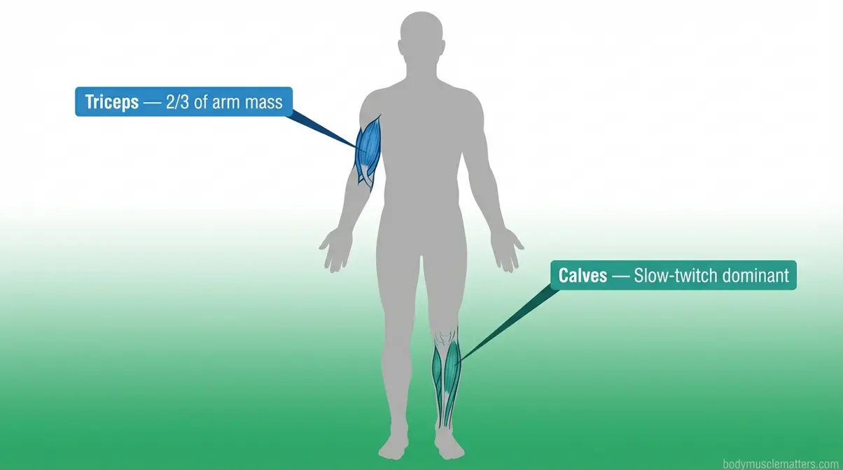 Anatomical illustration highlighting triceps and calves as the hardest muscles to build for gym beginners