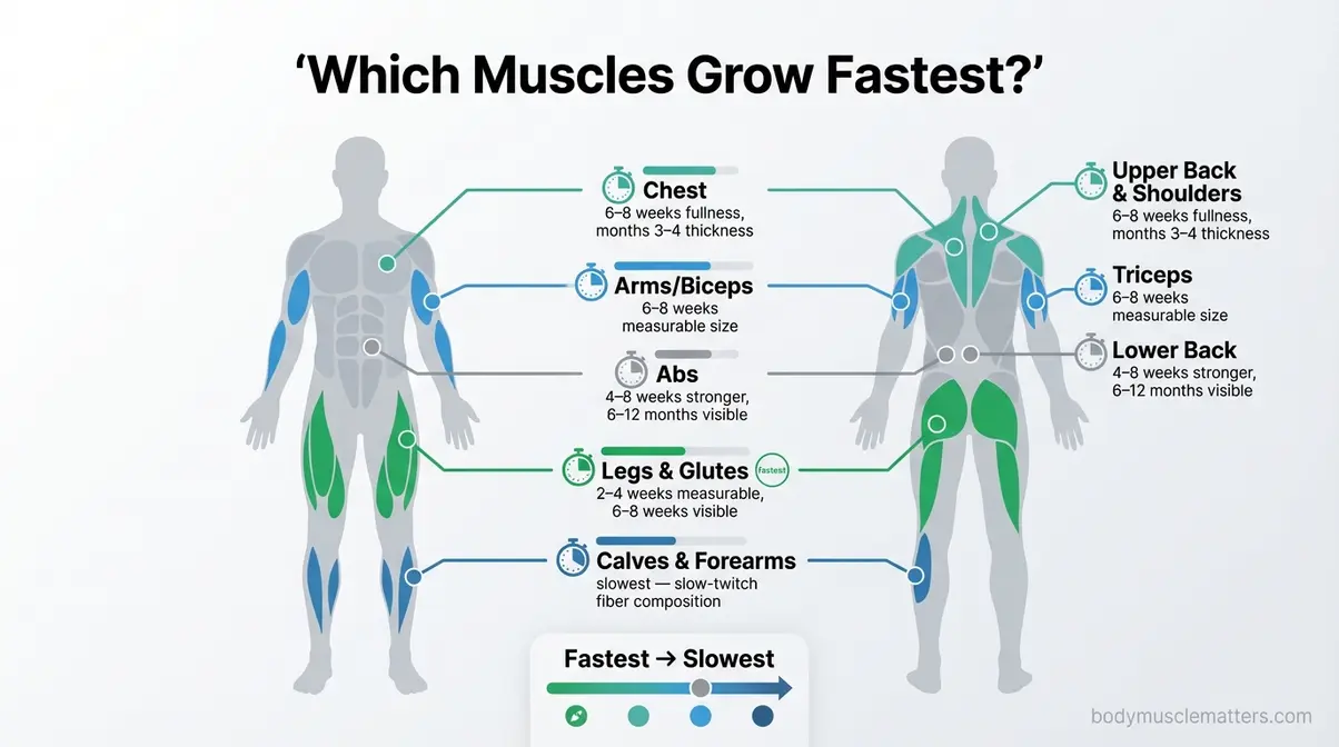 Anatomical infographic showing which muscle groups grow fastest for beginners — legs, chest, arms, abs, and calves
