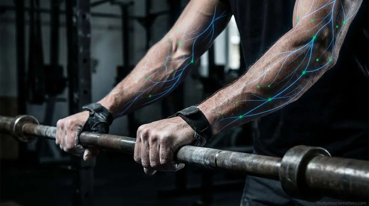 Person gripping barbell with neural activation visualization showing muscle fiber recruitment during weeks one to three of training