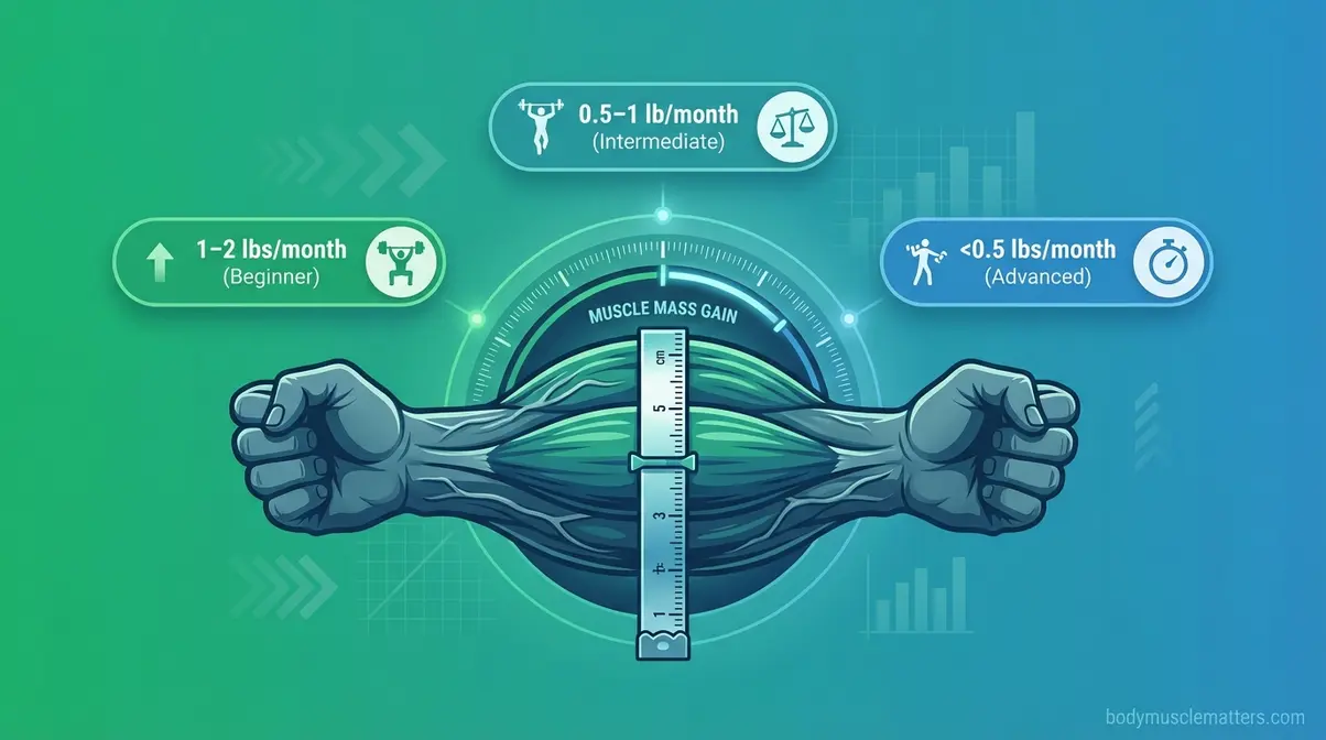 Illustration showing realistic monthly muscle gain expectations by training level — beginner, intermediate, and advanced