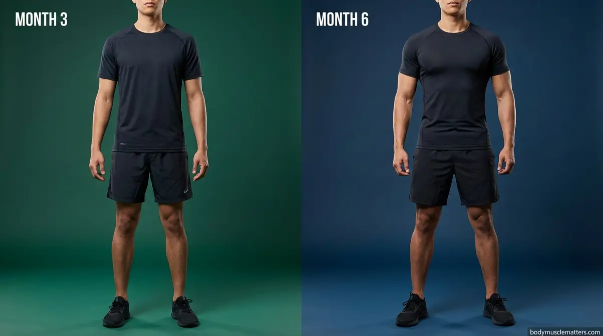 Editorial fitness comparison showing realistic visible muscle transformation between months three and six of consistent training