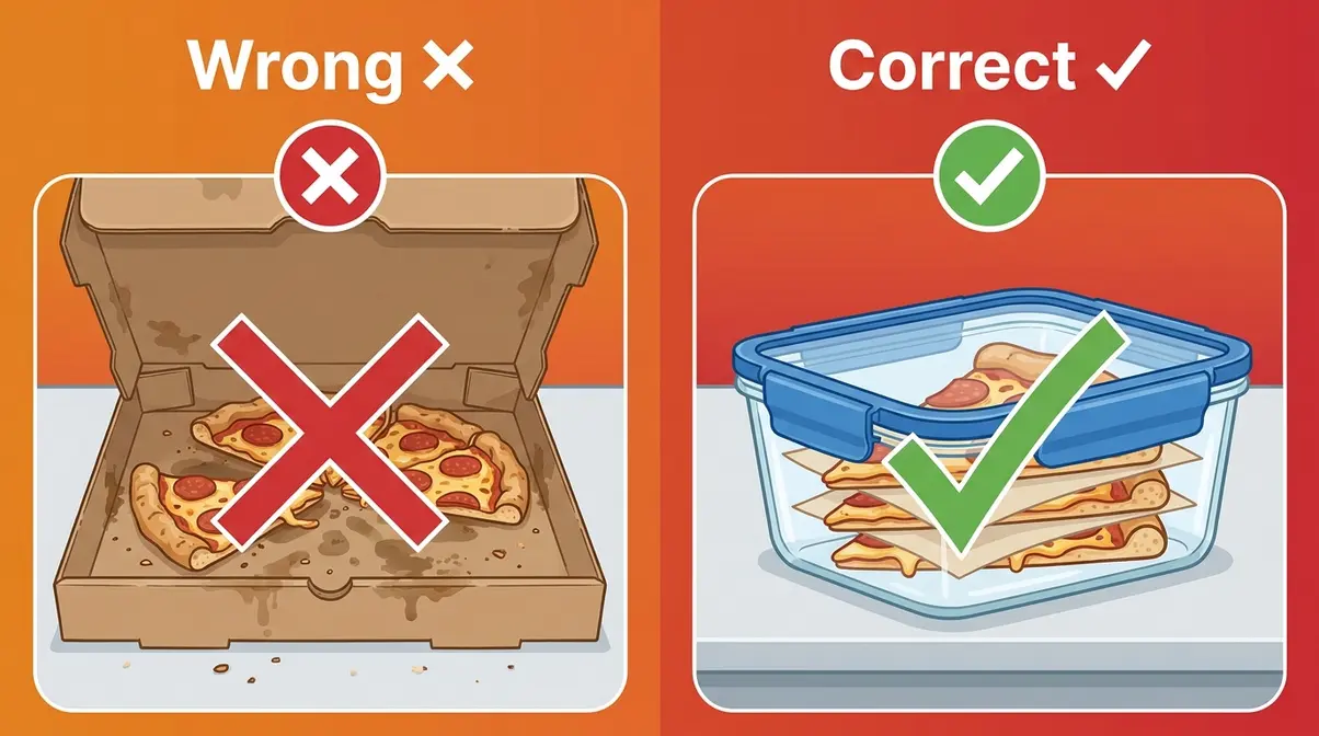 Leftover pizza in open cardboard pizza box versus sealed airtight container showing correct storage method