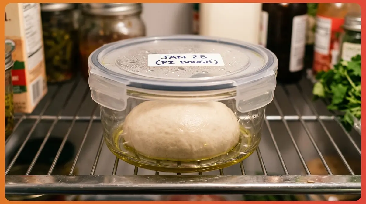 Pizza dough ball stored in a sealed airtight container in the refrigerator with a date label