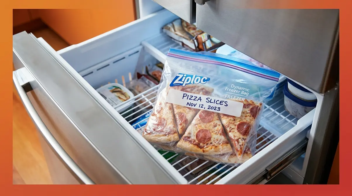 Leftover pizza slices wrapped and labeled inside a freezer bag for long-term storage up to two months