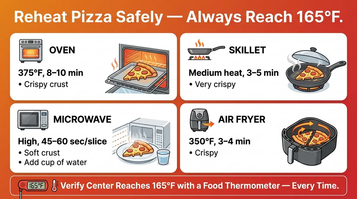 Pizza reheating methods oven skillet microwave air fryer infographic showing 165°F internal temperature target