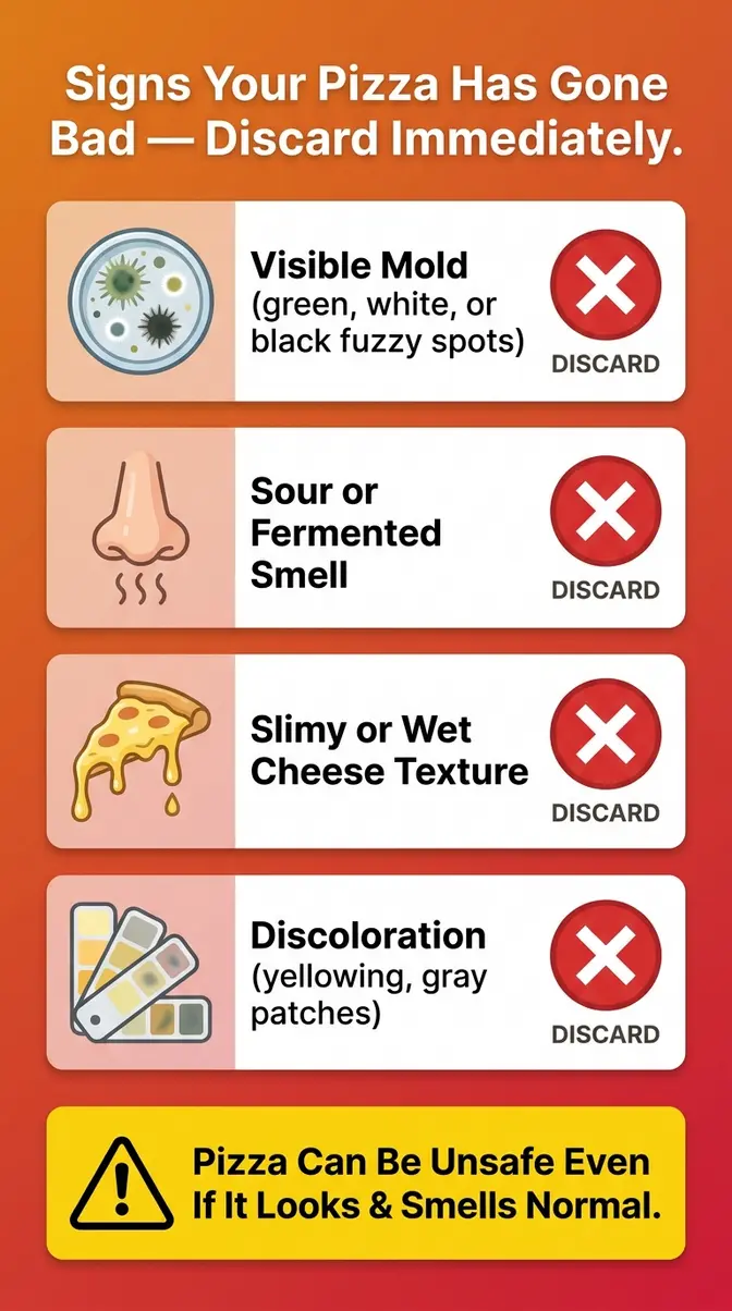 Visual checklist of signs pizza has gone bad including mold slimy cheese sour smell and discoloration