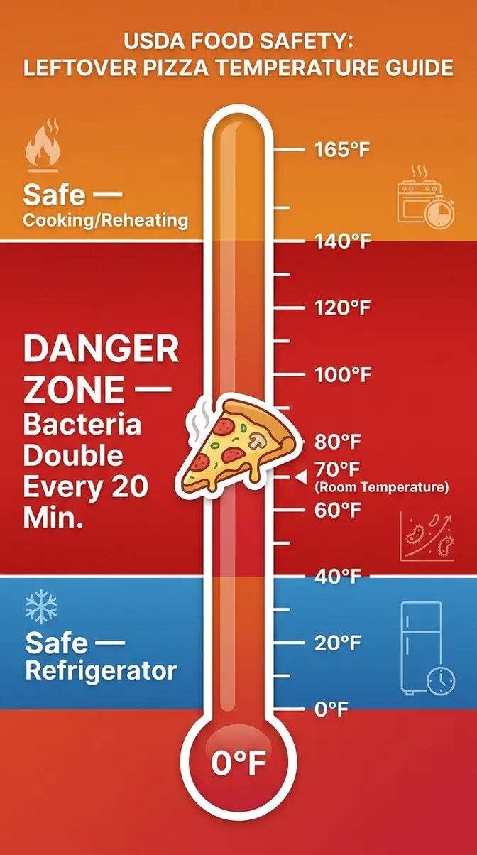 USDA temperature danger zone infographic showing 40°F to 140°F bacterial growth risk for leftover pizza
