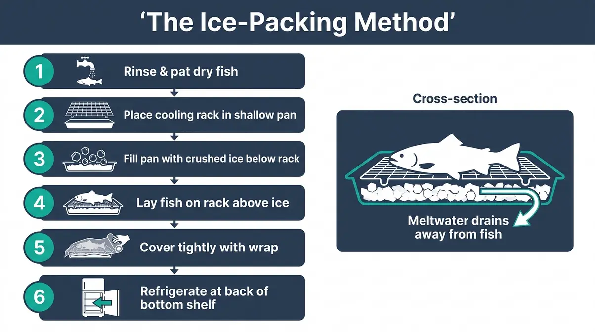 How Long Does Seafood Last In The Fridge? Safety Guide 6 Step-by-step ice packing method diagram showing seafood on rack above crushed ice in refrigerator pan