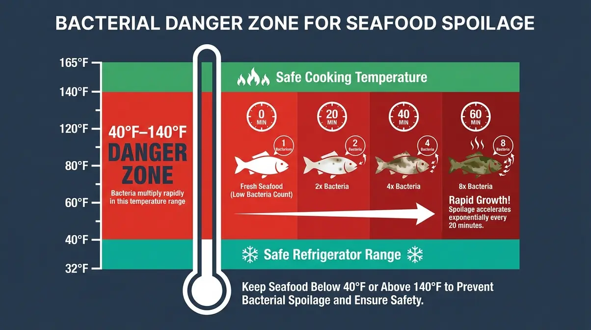 How Long Does Seafood Last In The Fridge? Safety Guide 2 Bacterial danger zone diagram showing seafood spoilage between 40°F and 140°F temperature range