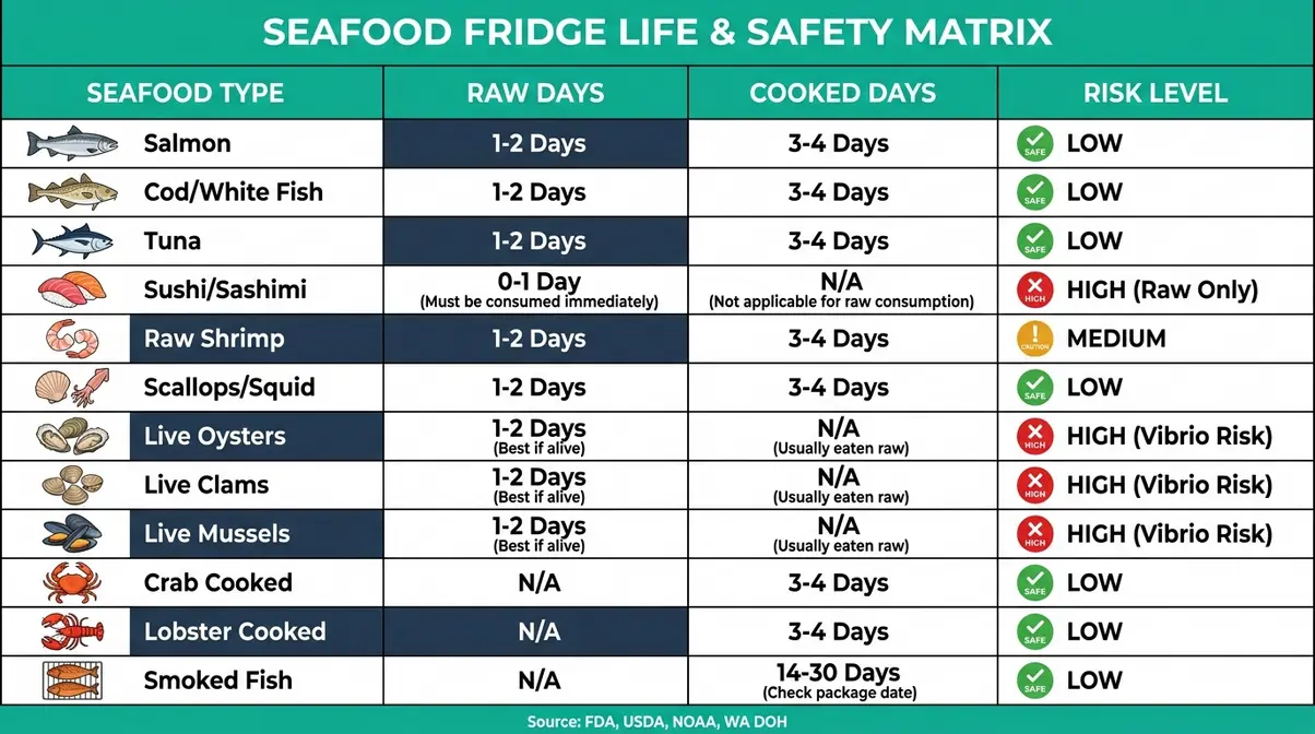 How Long Does Seafood Last In The Fridge? Safety Guide 3 Seafood fridge life safety matrix chart showing storage days for 10 plus seafood types including raw salmon shrimp oysters