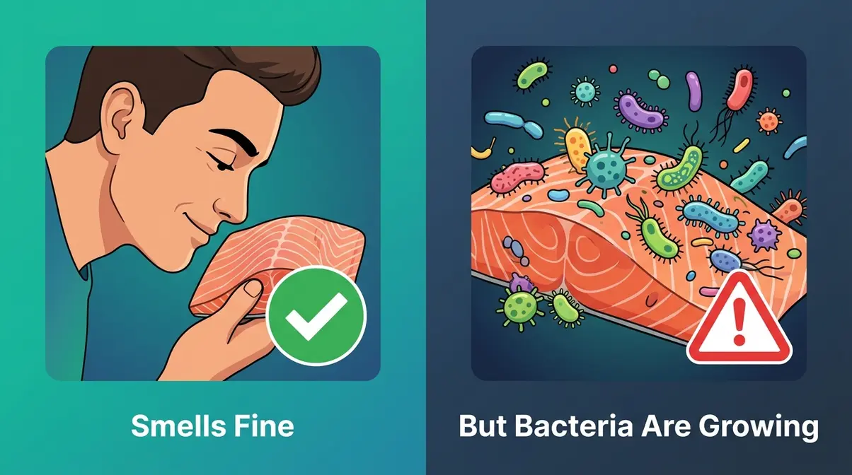 How Long Does Seafood Last In The Fridge? Safety Guide 4 Split image showing seafood that smells fine but contains invisible bacteria growth after four days in fridge