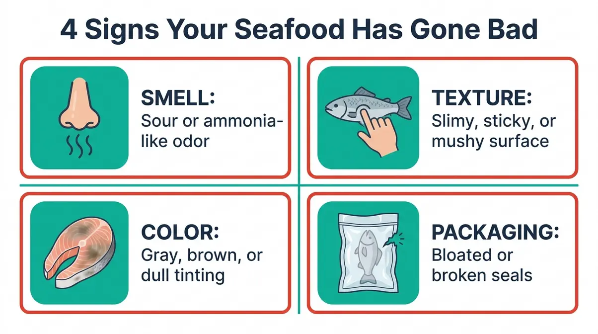 How Long Does Seafood Last In The Fridge? Safety Guide 5 Four seafood spoilage warning signs infographic showing smell texture color and packaging checks for bad fish