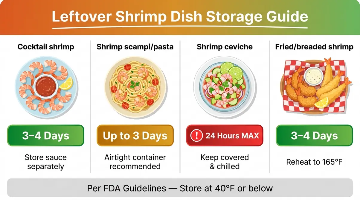 How Long Does Shrimp Last In The Fridge? (1–4 Days) 6 Comparison graphic showing fridge storage times for cocktail shrimp, scampi, ceviche, and fried shrimp
