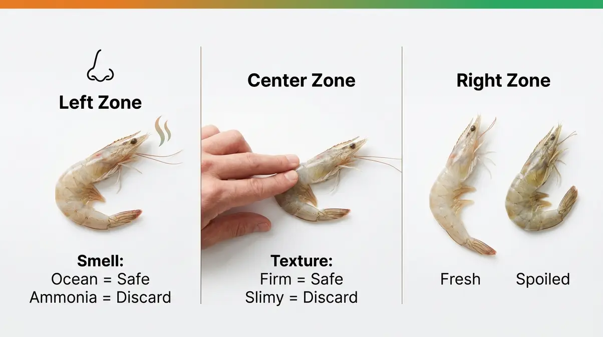 How Long Does Shrimp Last In The Fridge? (1–4 Days) 5 Shrimp spoilage sensory checklist showing smell, texture, and color signs of bad shrimp
