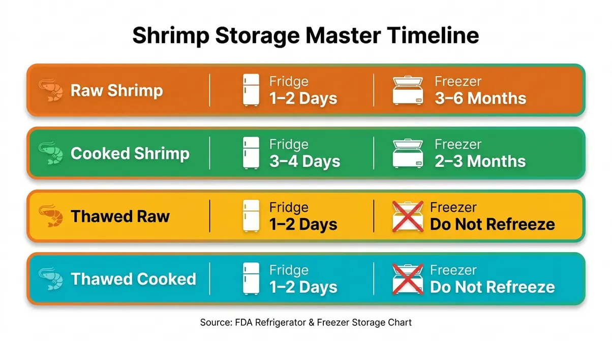 How Long Does Shrimp Last In The Fridge? (1–4 Days) 2 Infographic showing how long shrimp lasts in the fridge for raw, cooked, and thawed types