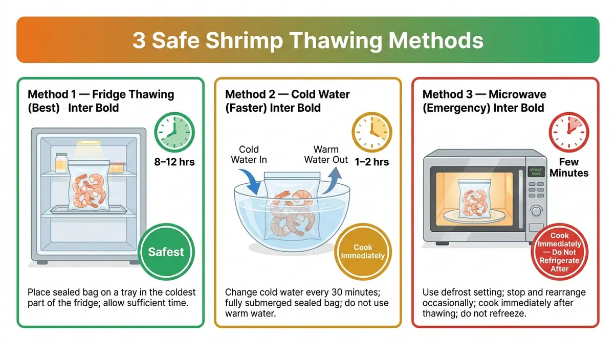 How Long Does Shrimp Last In The Fridge? (1–4 Days) 4 Illustrated guide comparing fridge, cold water, and microwave shrimp thawing methods with safety notes