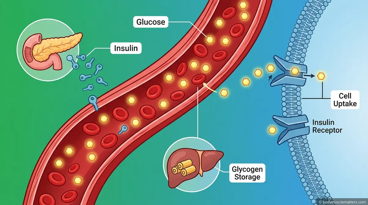 Blood sugar and glucose dynamics illustration showing insulin releasing from pancreas and glucose entering cells