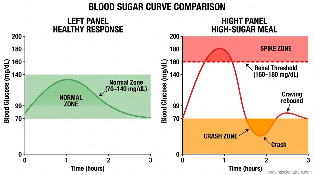 Blood sugar spike and crash diagram showing how high-sugar meals cause glucose spikes and crashes after eating