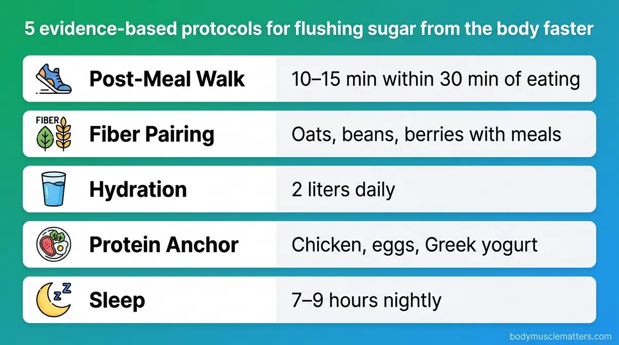Five proven protocols to flush sugar out of your system faster including post-meal walking, fiber, hydration, protein, and sleep