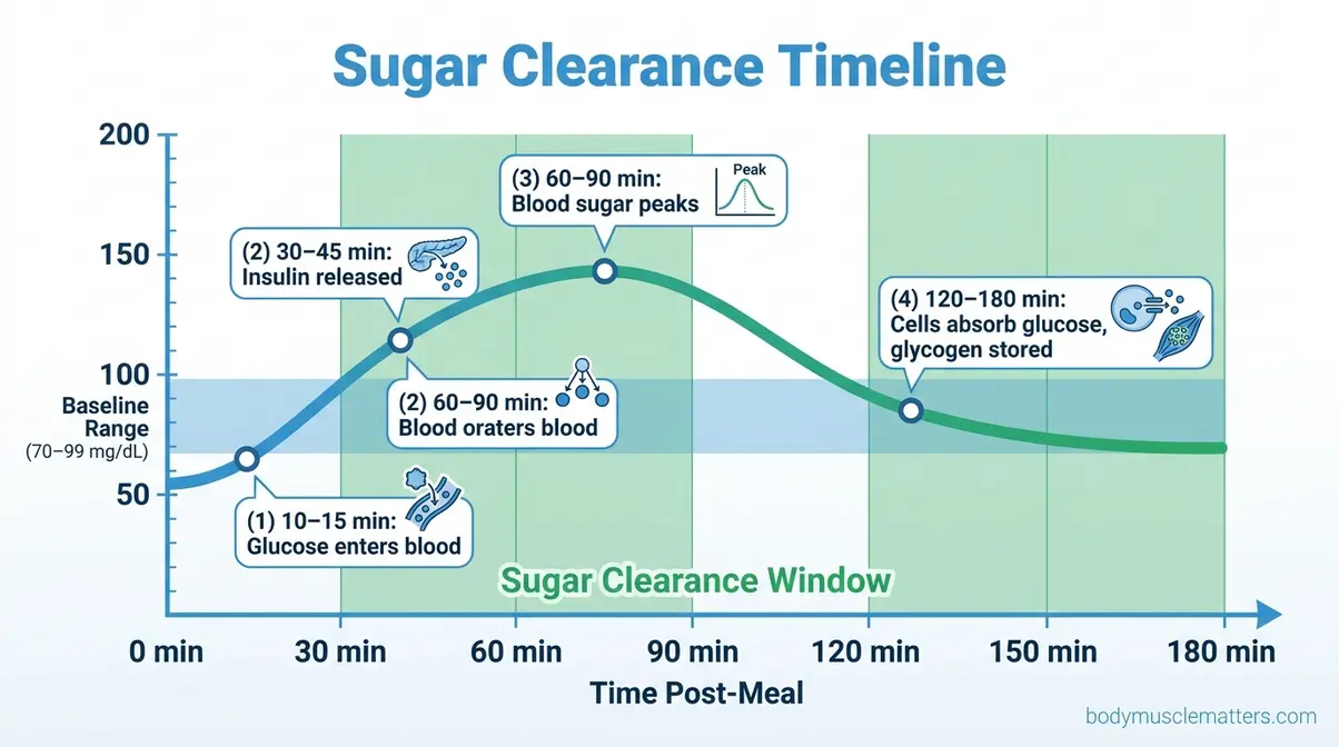 How long does sugar stay in your body — blood glucose timeline from 0 to 3 hours after eating showing peak and clearance