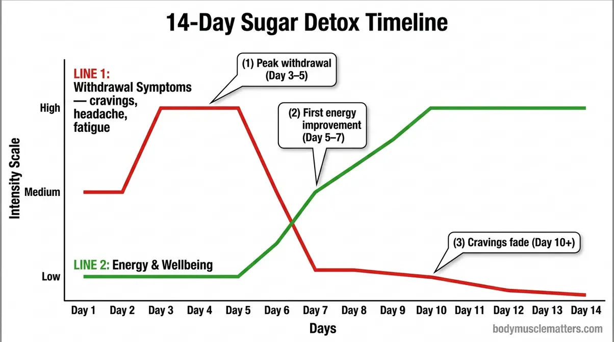14-day sugar detox timeline graph showing withdrawal symptoms peaking at days 3 to 5 and energy improving by week two