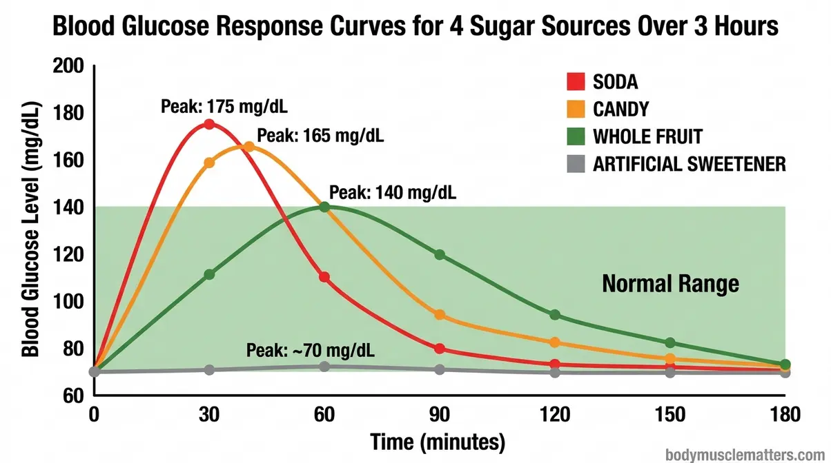 Chart comparing how long different types of sugar stay in your system — soda, candy, fruit, and artificial sweetener blood glucose curves