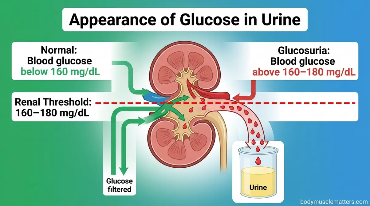 Diagram showing how sugar appears in urine when blood glucose exceeds the renal threshold of 160 to 180 mg per dL