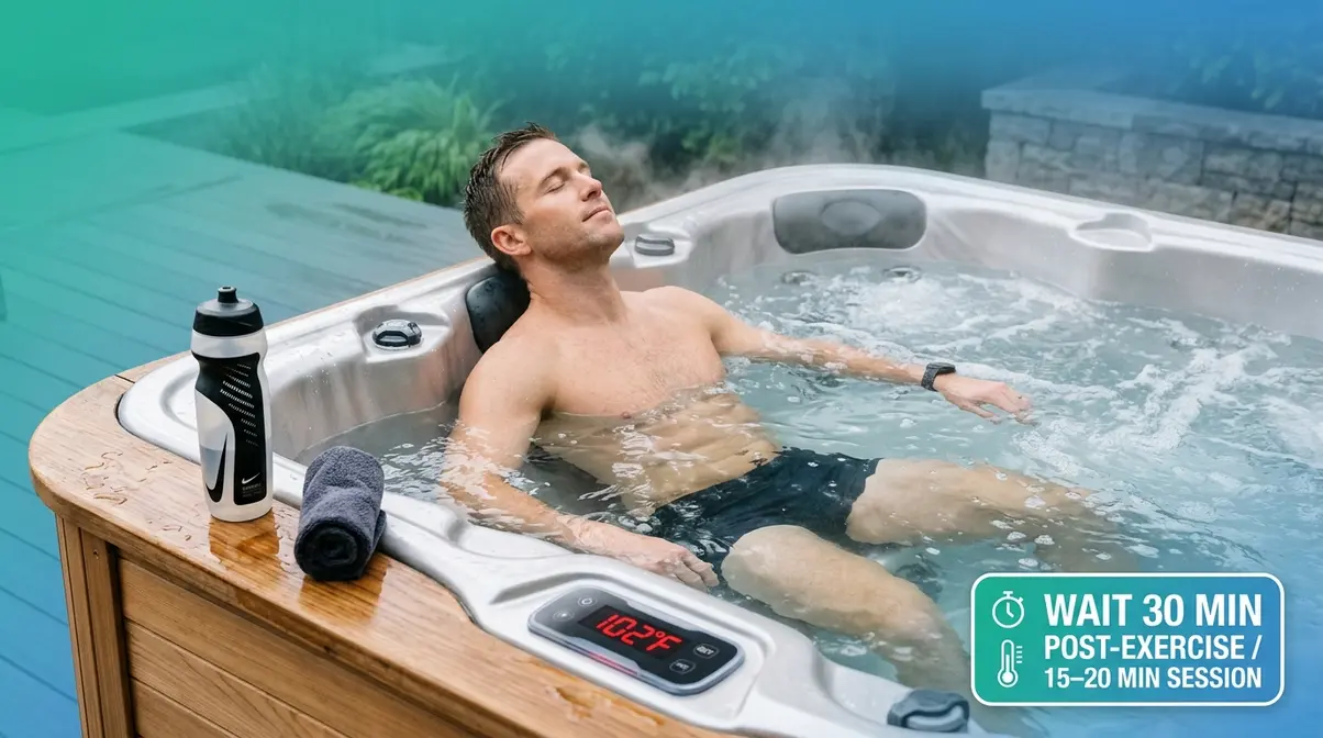 How Long Should You Stay in a Hot Tub? Safety Guide 8 Athlete using hot tub for post-workout muscle recovery at 102°F with water bottle on the spa edge