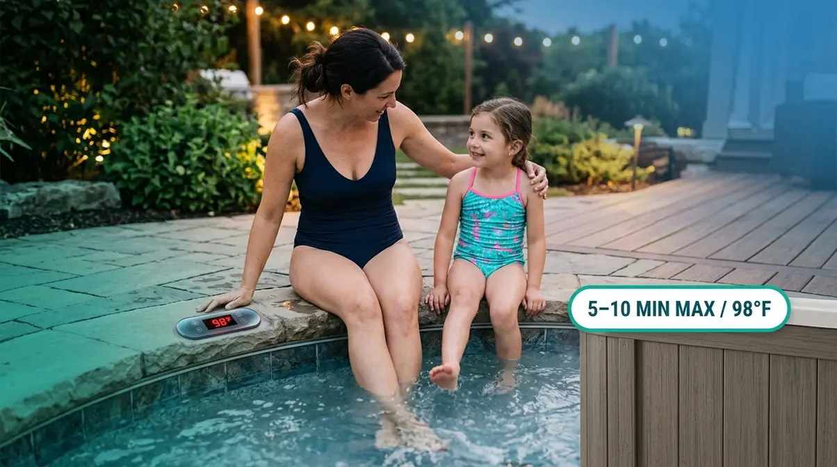 How Long Should You Stay in a Hot Tub? Safety Guide 7 Parent supervising young child at the edge of a hot tub set to 98°F for safe children's soaking limits