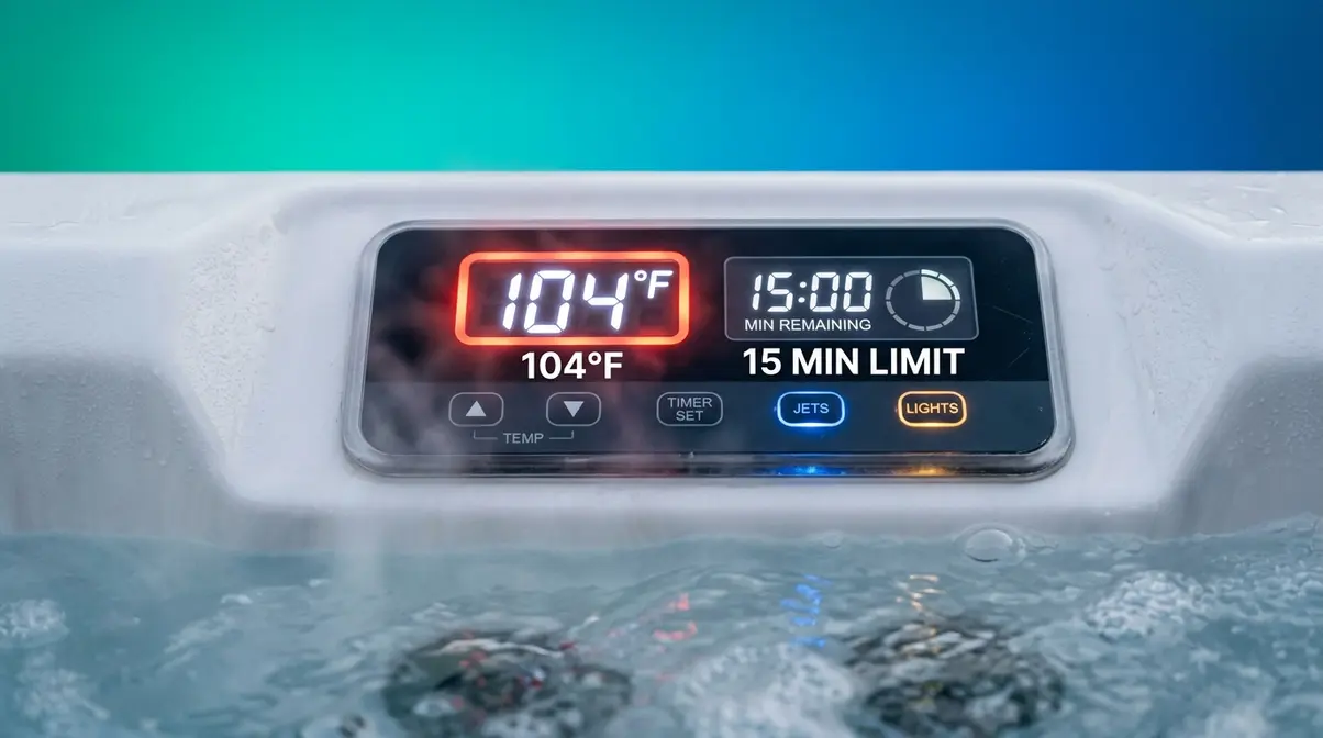 How Long Should You Stay in a Hot Tub? Safety Guide 3 Hot tub control panel showing 104°F temperature with 15-minute safety rule timer displayed
